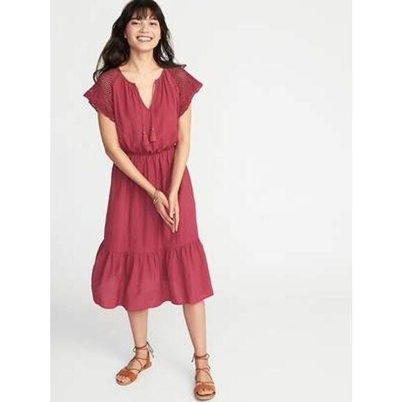 Old Navy Women’s Crochet-Sleeve Waist-Defined Midi Dress Tasseled Size L Purple - Picture 1 of 6